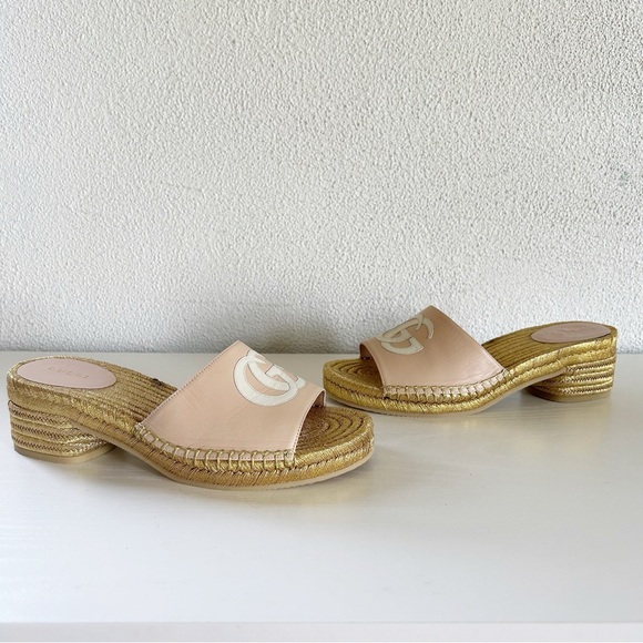 Gucci GG Pink Metallic Gold Espadrille Sandals Mules Slides Size EU 37 - Picture 8 of 13
